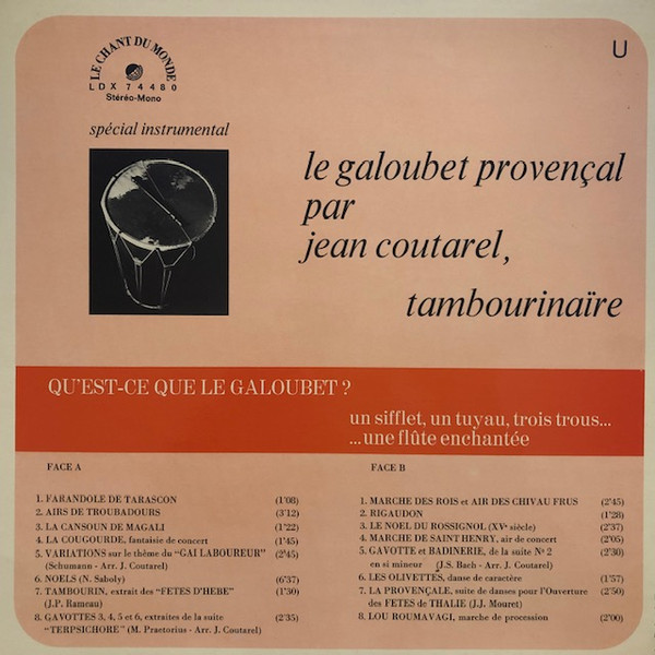 Jean Coutarel - Le Galoubet Provençal - Le Tambourinaïre | Le Chant Du Monde (LDX 74480) - 2 Jean Coutarel - Le Galoubet Provençal - Le Tambourinaïre | Le Chant Du Monde (LDX 74480) - 2