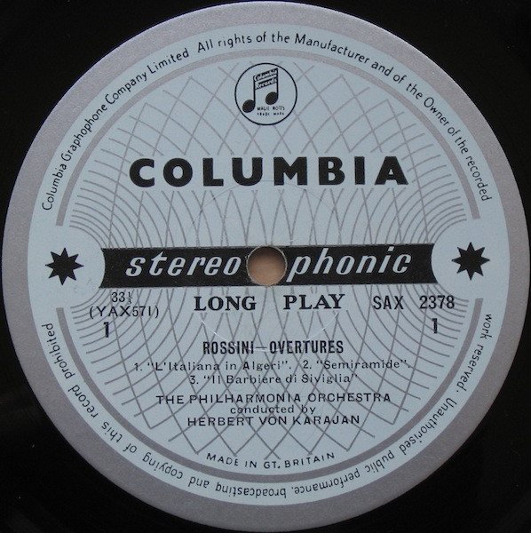 Gioacchino Rossini , Herbert von Karajan , Philharmonia Orchestra - Overtures William Tell And The Famous Five | Columbia (SAX 2378) - 3 Gioacchino Rossini , Herbert von Karajan , Philharmonia Orchestra - Overtures William Tell And The Famous Five | Columbia (SAX 2378) - 3