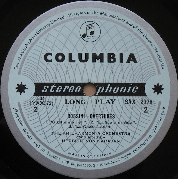 Gioacchino Rossini , Herbert von Karajan , Philharmonia Orchestra - Overtures William Tell And The Famous Five | Columbia (SAX 2378) - 4 Gioacchino Rossini , Herbert von Karajan , Philharmonia Orchestra - Overtures William Tell And The Famous Five | Columbia (SAX 2378) - 4