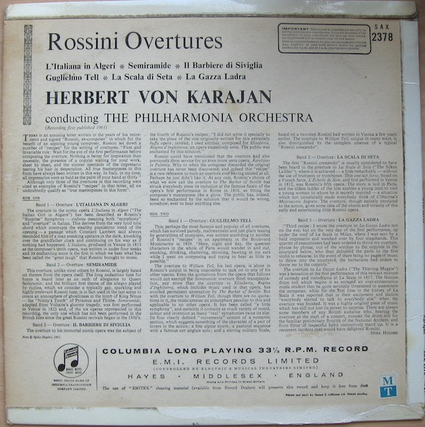 Gioacchino Rossini , Herbert von Karajan , Philharmonia Orchestra - Overtures William Tell And The Famous Five | Columbia (SAX 2378) - 2 Gioacchino Rossini , Herbert von Karajan , Philharmonia Orchestra - Overtures William Tell And The Famous Five | Columbia (SAX 2378) - 2