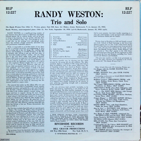 Randy Weston With Art Blakey - Trio And Solo | Riverside Records (SMJ-6208 M) - 4 Randy Weston With Art Blakey - Trio And Solo | Riverside Records (SMJ-6208 M) - 4