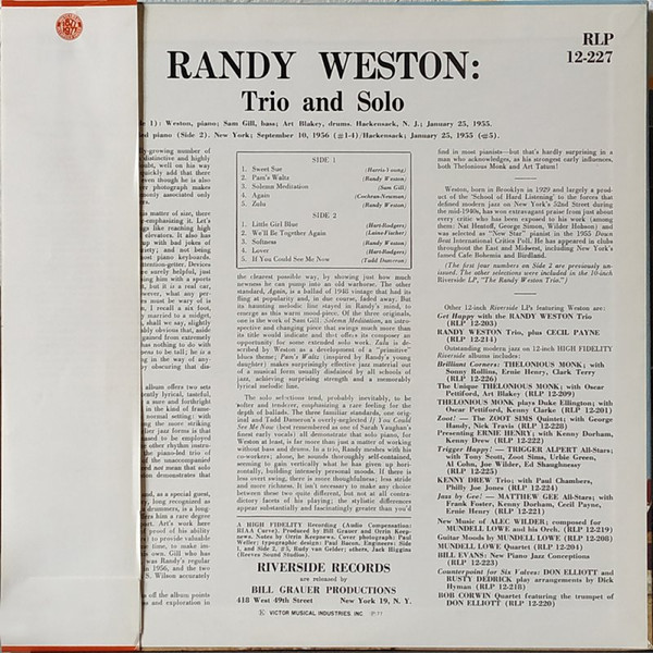 Randy Weston With Art Blakey - Trio And Solo | Riverside Records (SMJ-6208 M) - 3 Randy Weston With Art Blakey - Trio And Solo | Riverside Records (SMJ-6208 M) - 3
