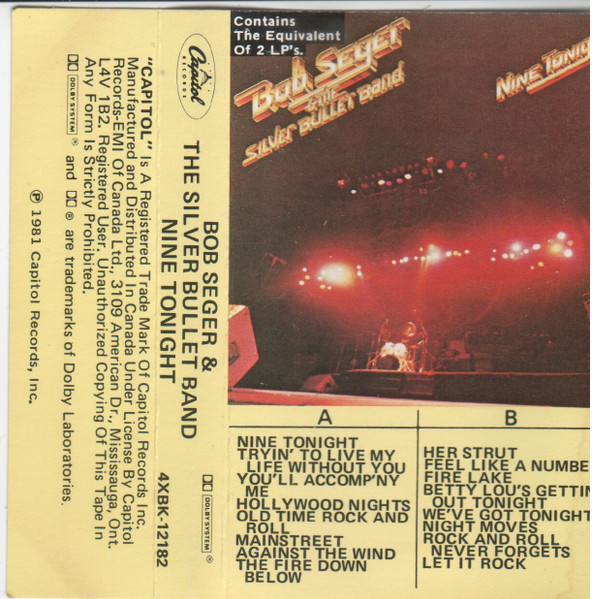 Bob Seger And The Silver Bullet Band - Nine Tonight [Cassette] | Capitol Records (4XBK-12182) - 2