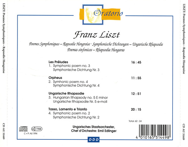 Franz Liszt / Hungarian State Orchestra - Poèmes Symphoniques - Rapsodie Hongroises | Oratorio (AU 031449) - 2