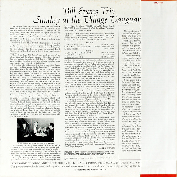 The Bill Evans Trio Featuring Scott LaFaro - Sunday At The Village Vanguard | Riverside Records (SMJ-6201) - 2 The Bill Evans Trio Featuring Scott LaFaro - Sunday At The Village Vanguard | Riverside Records (SMJ-6201) - 2
