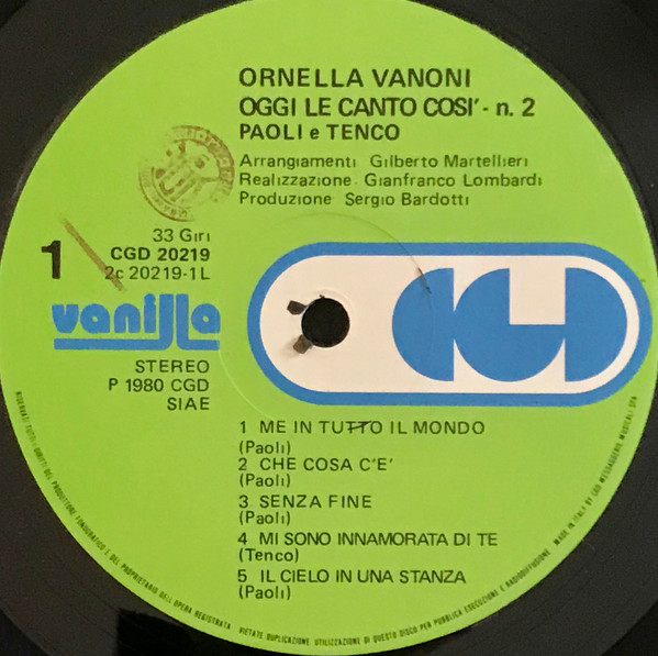 Ornella Vanoni - "Oggi Le Canto Così" N.2 (Paoli E Tenco) | CGD (CGD 20219) - 2