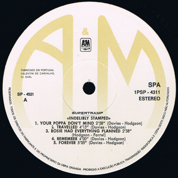 Supertramp - Indelibly Stamped | A&M Records (1PSP4311) - 2 Supertramp - Indelibly Stamped | A&M Records (1PSP4311) - 2