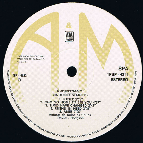 Supertramp - Indelibly Stamped | A&M Records (1PSP4311) - 3 Supertramp - Indelibly Stamped | A&M Records (1PSP4311) - 3
