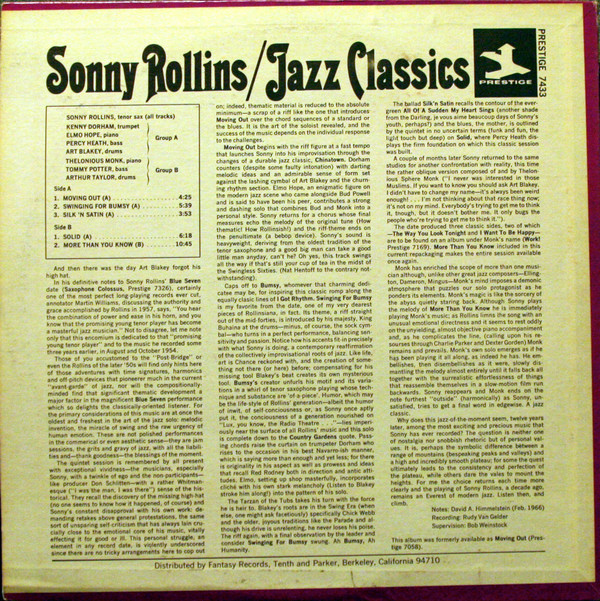 Sonny Rollins - Jazz Classics | Prestige (PR 7433) - 2