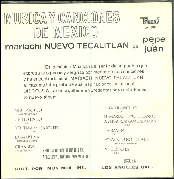 Mariachi Nuevo Tecalitlan - Musica Y Canciones De México | Discos Torres (LPT 3013) - 2