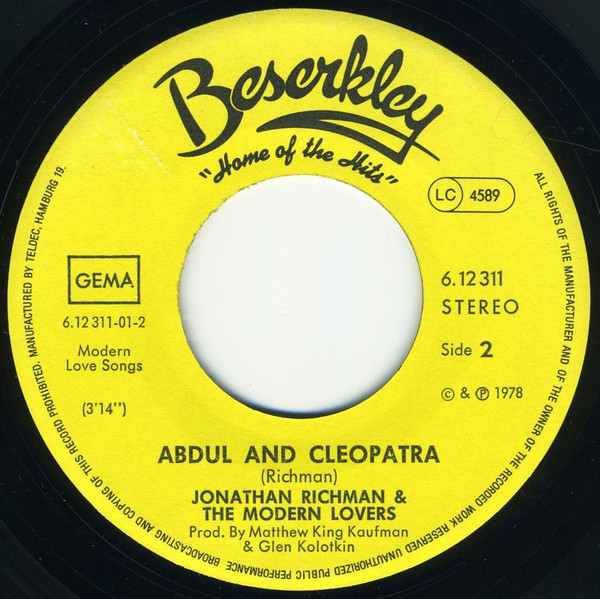Jonathan Richman & The Modern Lovers - Buzz, Buzz / Abdul & Cleopatra | Beserkley (6.12311) - 3