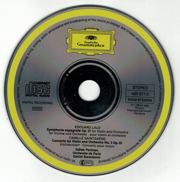 Édouard Lalo / Camille Saint-Saëns – Itzhak Perlman , Orchestre De Paris , Daniel Barenboim - Symphonie Espagnole / Violin Concerto No. 3 | Deutsche Grammophon (429 977-2) - 3 Édouard Lalo / Camille Saint-Saëns – Itzhak Perlman , Orchestre De Paris , Daniel Barenboim - Symphonie Espagnole / Violin Concerto No. 3 | Deutsche Grammophon (429 977-2) - 3