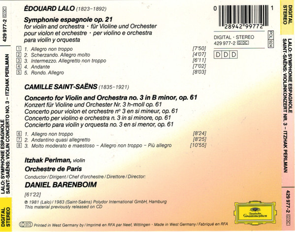 Édouard Lalo / Camille Saint-Saëns – Itzhak Perlman , Orchestre De Paris , Daniel Barenboim - Symphonie Espagnole / Violin Concerto No. 3 | Deutsche Grammophon (429 977-2) - 2 Édouard Lalo / Camille Saint-Saëns – Itzhak Perlman , Orchestre De Paris , Daniel Barenboim - Symphonie Espagnole / Violin Concerto No. 3 | Deutsche Grammophon (429 977-2) - 2