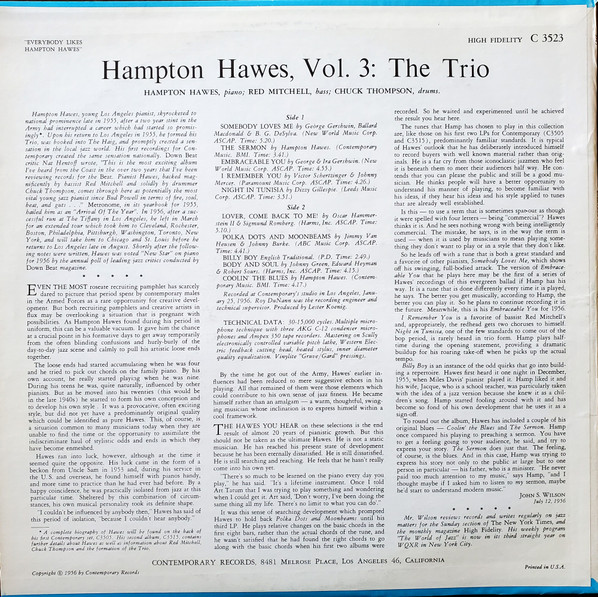 Hampton Hawes - Everybody Likes Hampton Hawes, Vol. 3: The Trio | Contemporary Records (C3523) - 2 Hampton Hawes - Everybody Likes Hampton Hawes, Vol. 3: The Trio | Contemporary Records (C3523) - 2