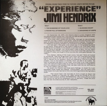 Jimi Hendrix - Original Sound Track From The Feature Length Motion Picture “Experience” | Bulldog Records (BDL 4002) - main Jimi Hendrix - Original Sound Track From The Feature Length Motion Picture “Experience” | Bulldog Records (BDL 4002) - main