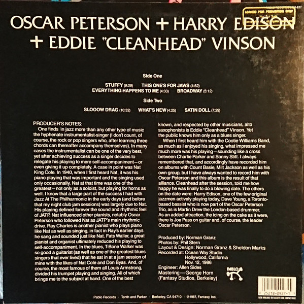 Oscar Peterson + Harry Edison + Eddie "Cleanhead" Vinson - Oscar Peterson + Harry Edison + Eddie "Cleanhead" Vinson | Pablo Records (2310-927) - 2 Oscar Peterson + Harry Edison + Eddie "Cleanhead" Vinson - Oscar Peterson + Harry Edison + Eddie "Cleanhead" Vinson | Pablo Records (2310-927) - 2