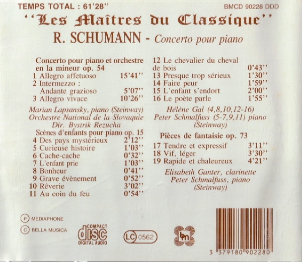 Robert Schumann , Marián Lapšanský , Bystrík Režucha - Concerto Pour Piano | Bella Musica (BMCD 90228) - 2
