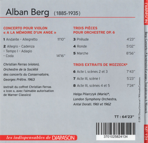 Alban Berg - Christian Ferras , Georges Prêtre , Helga Pilarczyk , Antal Dorati - Concerto « A La Mémoire D'Un Ange », Trois Pièces Pour Orchestre Op. 6, Wozzeck (Extraits) | Diapason (N° 124) - 2