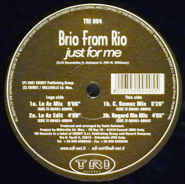 Brio From Rio - Just For Me | Tri Records (TRI 004) - 2