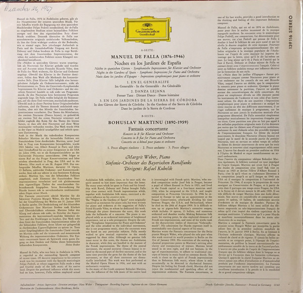 Manuel De Falla / Bohuslav Martinů , Rafael Kubelik , Symphonie-Orchester Des Bayerischen Rundfunks , Margrit Weber - Nights In The Gardens Of Spain / Fantasia Concertante | Deutsche Grammophon (SLPM 139 116) - 2