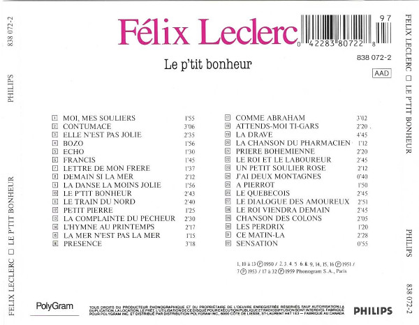Félix Leclerc - Le P'tit Bonheur, Vol. 1 | Philips (838 072-2) - 3 Félix Leclerc - Le P'tit Bonheur, Vol. 1 | Philips (838 072-2) - 3