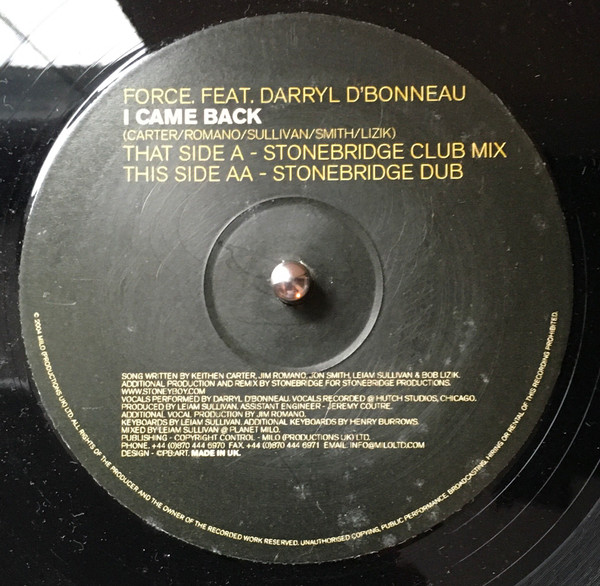 Force Featuring Darryl D'Bonneau - I Came Back | Milo Records (MILO 01) - main