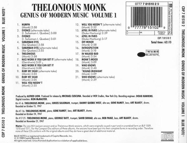 Thelonious Monk - Genius Of Modern Music Volume 1 | Blue Note (CDP 7 81510 2) - 2