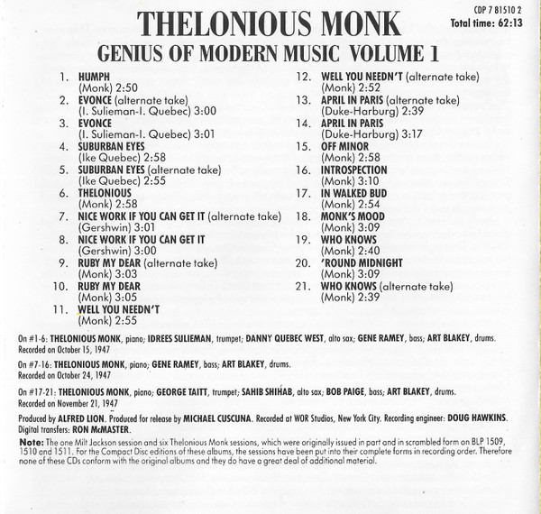 Thelonious Monk - Genius Of Modern Music Volume 1 | Blue Note (CDP 7 81510 2) - 4