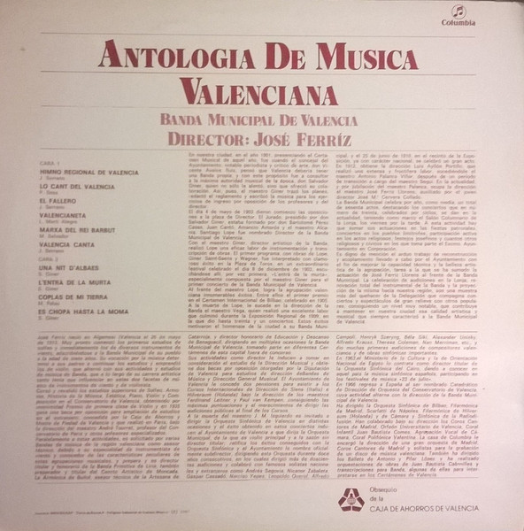 Banda Municipal De Valencia - Antologia De Musica Valenciana | Columbia (CPS - 9423) - 2