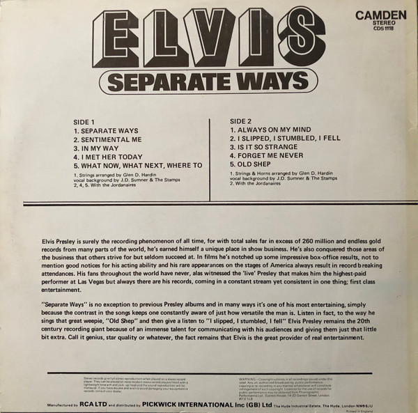 Elvis Presley - Separate Ways | RCA Camden (CDS 1118) - 2 Elvis Presley - Separate Ways | RCA Camden (CDS 1118) - 2