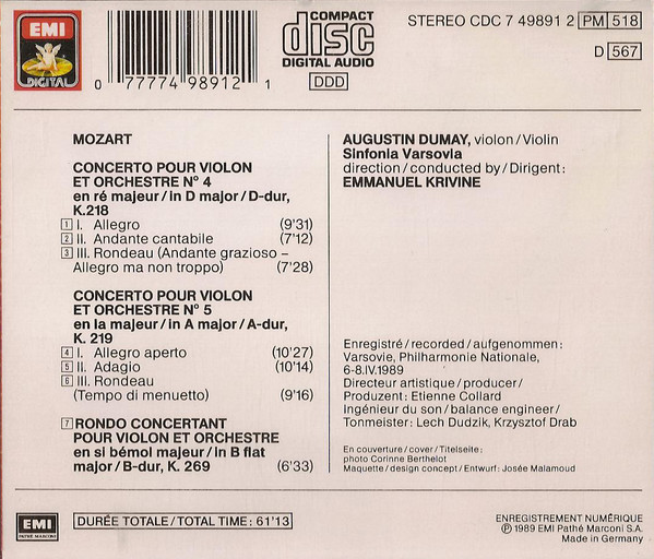 Wolfgang Amadeus Mozart - Augustin Dumay , Sinfonia Varsovia , Emmanuel Krivine - Concertos Pour Violon N° 4, K.218 & 5, K.219, Rondo K.269 | Angel Records Digital (CDC 7 49891 2) - 2