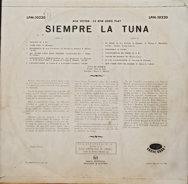 Tuna De Madrid Canta Jose de Soto - Siempre La Tuna | RCA Victor (LPM-10220) - 2 Tuna De Madrid Canta Jose de Soto - Siempre La Tuna | RCA Victor (LPM-10220) - 2