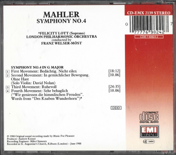 Gustav Mahler - London Philharmonic Orchestra , Felicity Lott , Franz Welser-Möst - Symphony No.4 | EMI Eminence (CD-EMX 2139) - 2