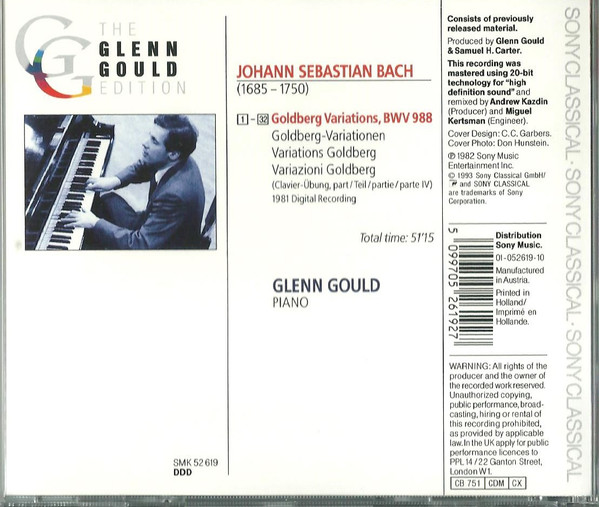 Johann Sebastian Bach , Glenn Gould - Goldberg Variations BWV 988 (1981 Digital Recording) | Sony Classical (SMK 52619) - 2