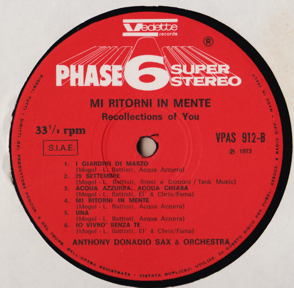 Anthony Donadio Sax & Orchestra - Mi Ritorni In Mente - Recollections Of You | Phase 6 Super Stereo (VPAS 912) - 4 Anthony Donadio Sax & Orchestra - Mi Ritorni In Mente - Recollections Of You | Phase 6 Super Stereo (VPAS 912) - 4