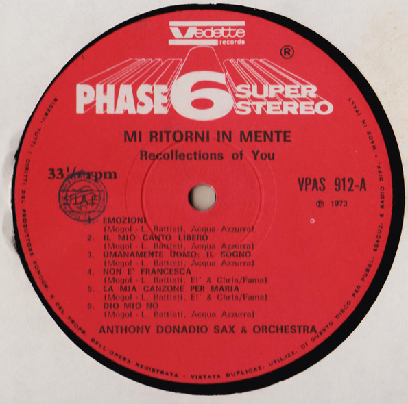 Anthony Donadio Sax & Orchestra - Mi Ritorni In Mente - Recollections Of You | Phase 6 Super Stereo (VPAS 912) - 3 Anthony Donadio Sax & Orchestra - Mi Ritorni In Mente - Recollections Of You | Phase 6 Super Stereo (VPAS 912) - 3