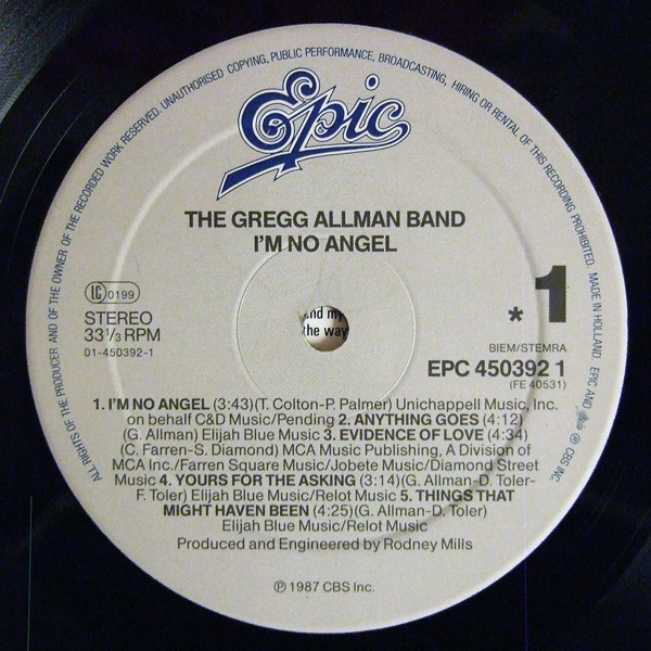 The Gregg Allman Band - I'm No Angel | Epic (EPC 450392 1) - 3