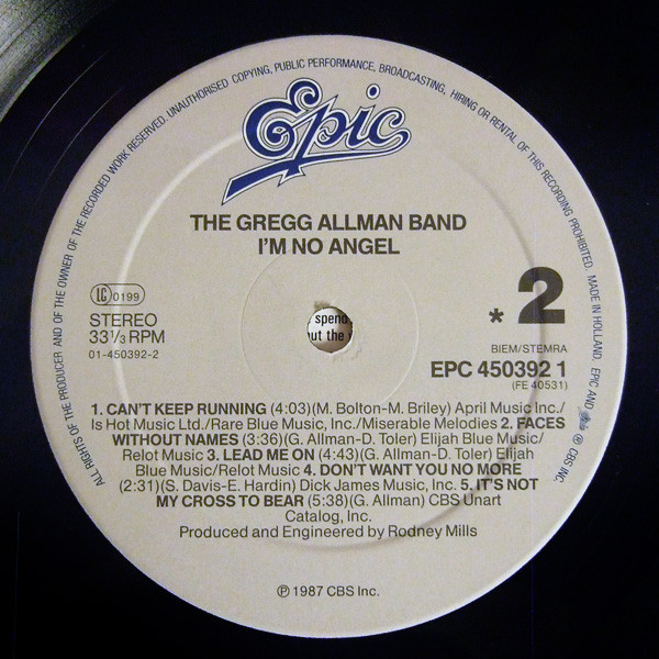 The Gregg Allman Band - I'm No Angel | Epic (EPC 450392 1) - 4