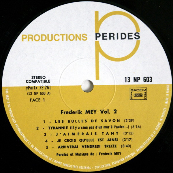 Frederik Mey - Volume 2 (Grand Prix International Du Disque - Académie Charles Cros) | Productions Perides (13 NP 603) - 4