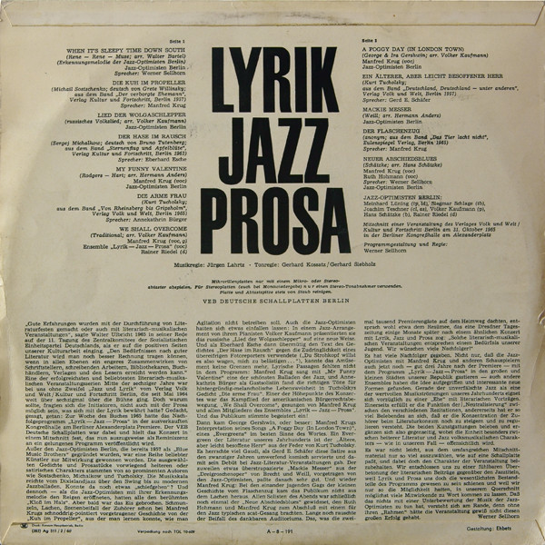 Various - Lyrik - Jazz - Prosa | AMIGA (8 50 151) - 2