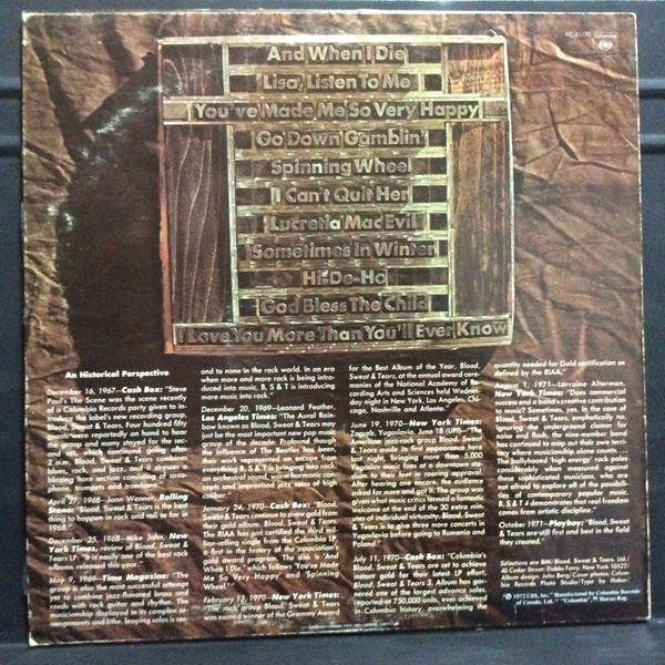 Blood, Sweat And Tears - Blood, Sweat & Tears Greatest Hits [Vinyl] | Columbia (KC 31170) - 2