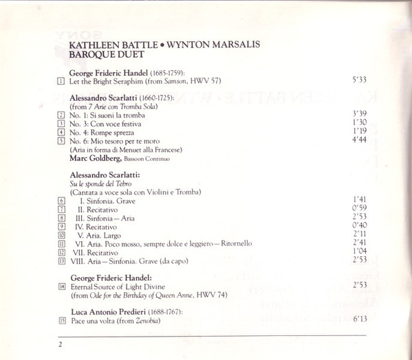 Kathleen Battle • Wynton Marsalis , Anthony Newman , Orchestra Of St. Luke's , John Nelson - Baroque Duet | Sony Classical (SK 46 672) - 4