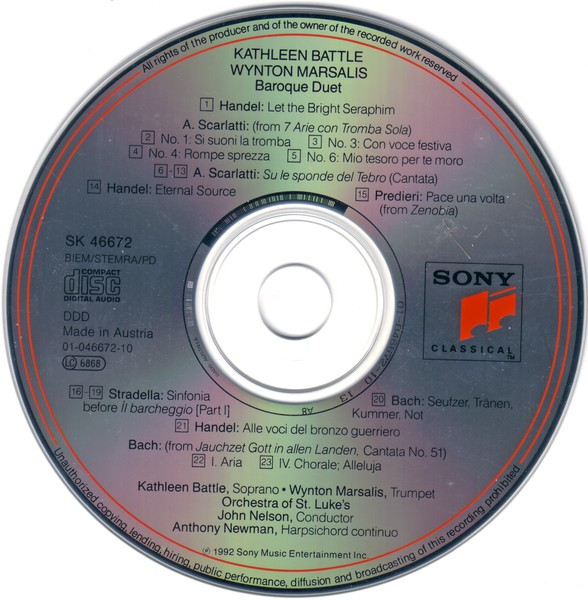 Kathleen Battle • Wynton Marsalis , Anthony Newman , Orchestra Of St. Luke's , John Nelson - Baroque Duet | Sony Classical (SK 46 672) - 3