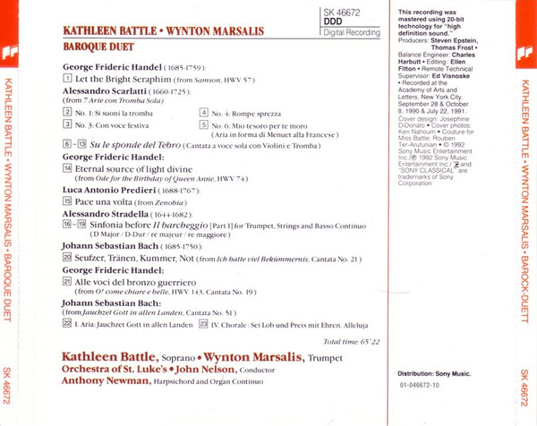 Kathleen Battle • Wynton Marsalis , Anthony Newman , Orchestra Of St. Luke's , John Nelson - Baroque Duet | Sony Classical (SK 46 672) - 2