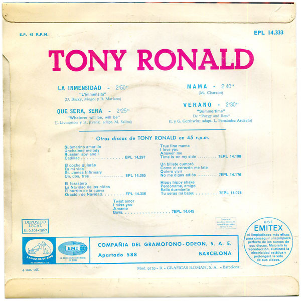 Tony Ronald - La Inmensidad | La Voz De Su Amo (EPL 14.333) - 2