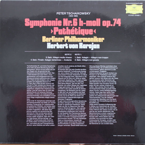 Pyotr Ilyich Tchaikovsky - Berliner Philharmoniker - Herbert von Karajan - Symphonie Nr.6 Op. 74 "Pathétique" | Deutsche Grammophon (29 866-1) - 2