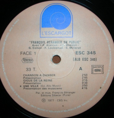 François Béranger - En Public | L'Escargot (ESC. 340) - 2 François Béranger - En Public | L'Escargot (ESC. 340) - 2