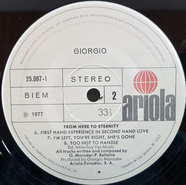 Giorgio Moroder - From Here To Eternity - Vinilo | Ariola (25.087-I) - 4 Giorgio Moroder - From Here To Eternity - Vinilo | Ariola (25.087-I) - 4