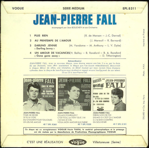 Jean-Pierre Fall - Darling Jenny | Disques Vogue (EPL. 8311) - 2