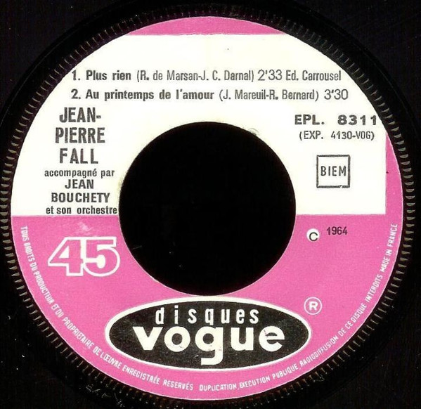 Jean-Pierre Fall - Darling Jenny | Disques Vogue (EPL. 8311) - 3